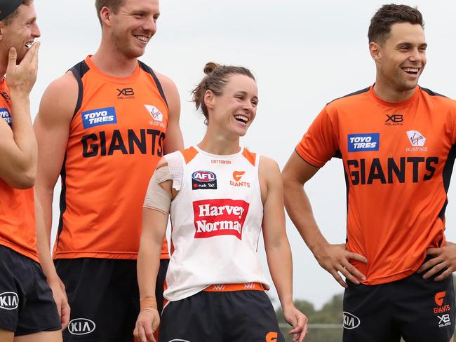 GWS Giants mixed training session with both men's and Women's teams running drills together for the first time. Pictured (left) is Jacob Hopper, Aiden Carr, Alicia Eva, Josh Kelly and Zac Langdon. Picture: David Swift.