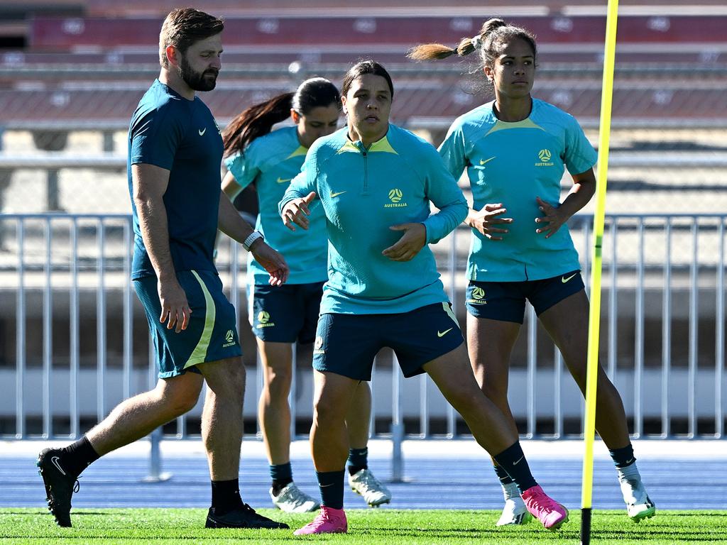 Sam Kerr (C) training with the Matildas in Brisbane before her disastrous calf injury. Picture: Bradley Kanaris/Getty Images