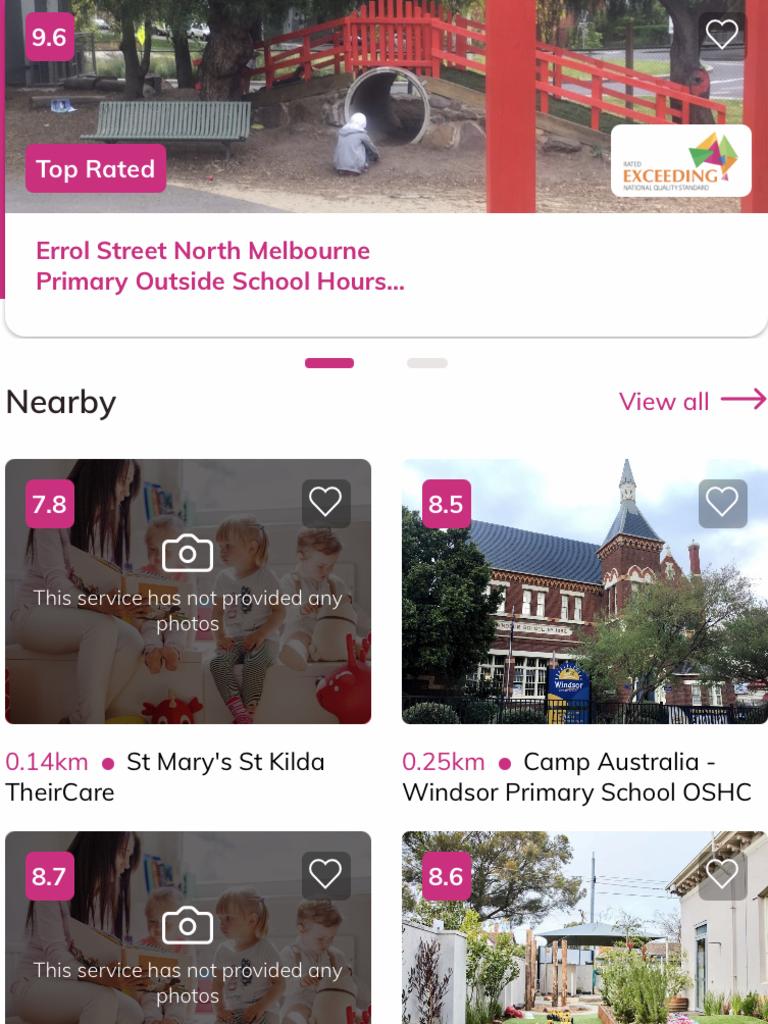 The KindiCare app shows a list of childcare centres in different suburbs. Picture: Supplied