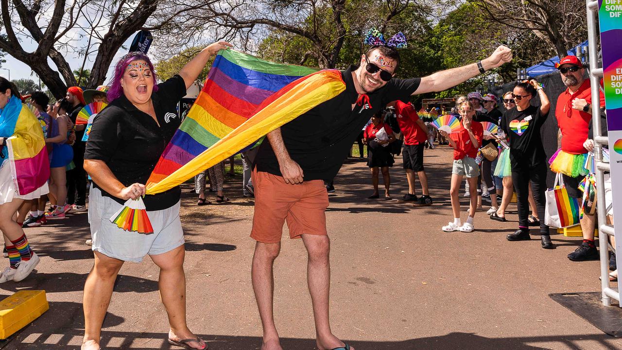 Danielle Modistach and Stephen Morrison at the 2023 Top End Pride March in Darwin City on Saturday, June 24. Picture: Pema Tamang Pakhrin