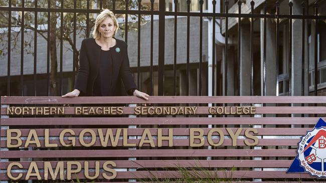 Member for Warringah Zali Steggall outside Balgowlah Boys Campus. Picture: Troy Snook.