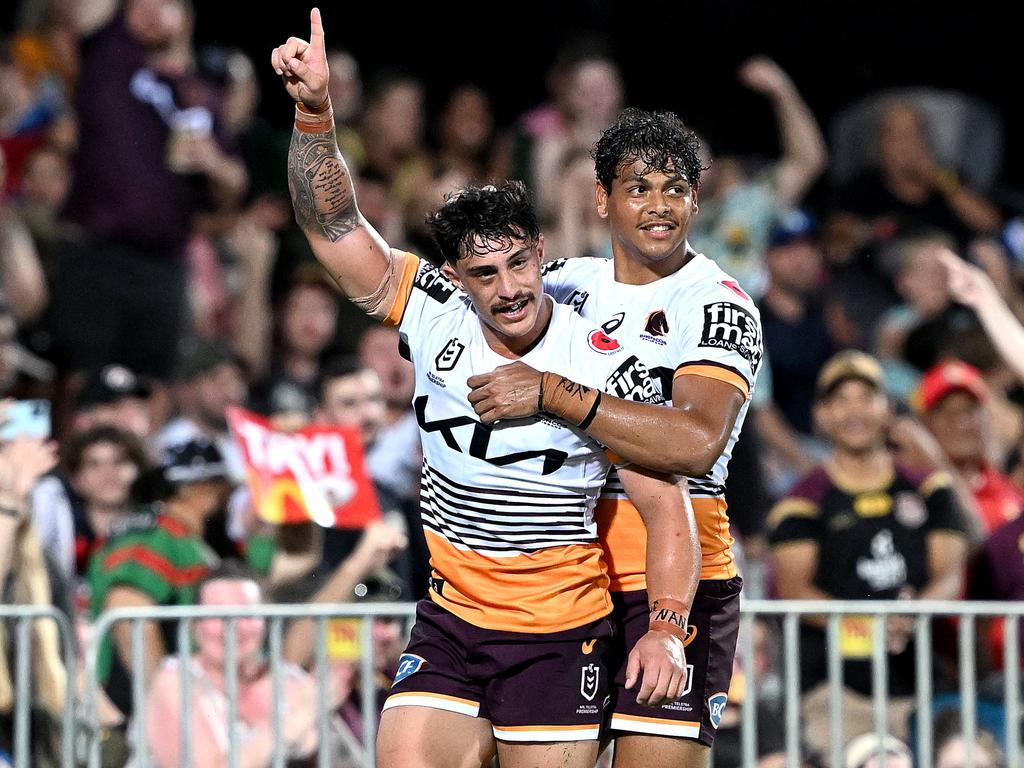 Can the Broncos afford to keep both Kotoni Staggs and Selwyn Cobbo? Picture: Bradley Kanaris/Getty Images