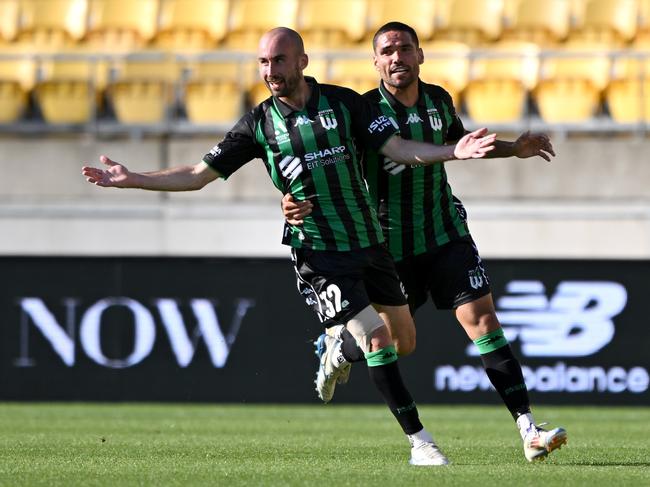 Angus Thurgate celebrates scoring a goal for Western United against Wellington Phoenix. Picture: Hannah Peters/Getty Images