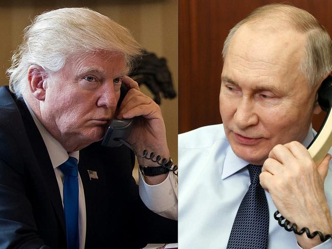 This combination of pictures created on March 18, 2025 shows President Donald Trump (R) on the phone on January 28, 2017 in Washington, and Russia's President Vladimir Putin (L) on the phone Moscow on December 27, 2023. Picture: AFP