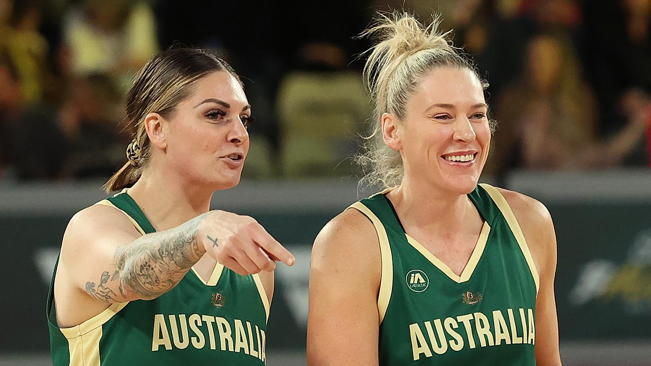 Cayla George and Lauren Jackson of the Opals. Photo by Kelly Defina/Getty Images