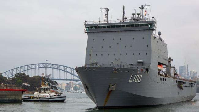 HMAS Choules, which departed from Fleet Base East Kuttabul in Sydney on Wednesday, has arrived off Mallacoota in Victoria’s East Gippsland. Picture: AAP/Royal Australian Navy