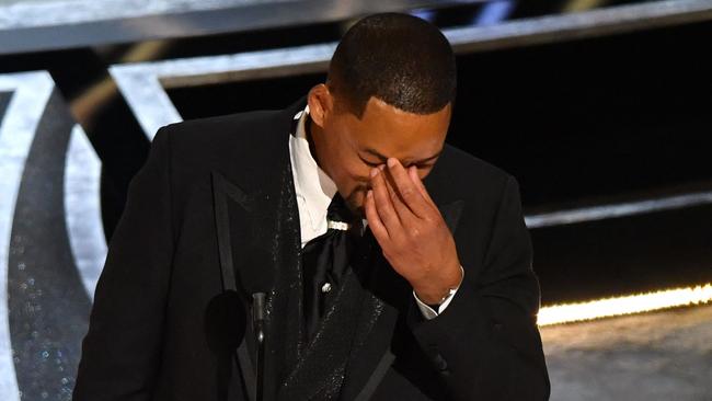 Will Smith fought back tears after being awarded the Oscar for best actor. Picture: Robyn Beck/AFP