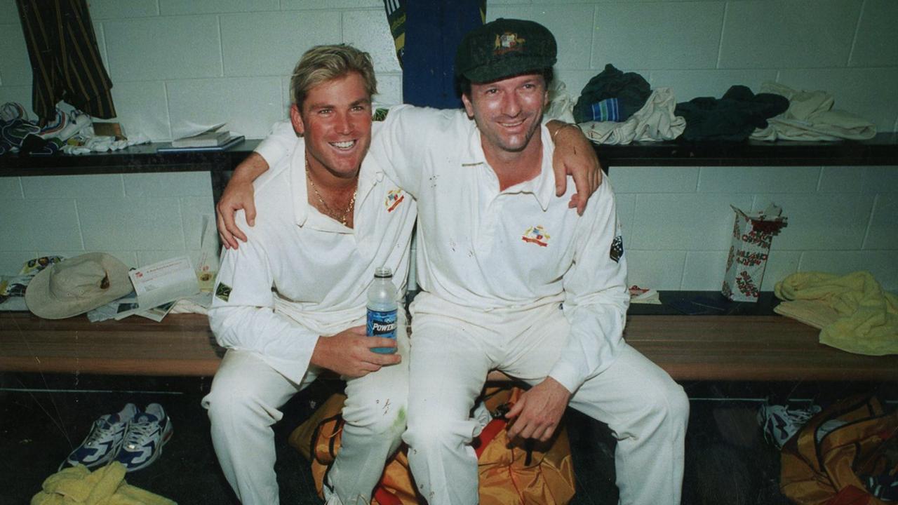 Australian cricketers Shane Warne and Steve Waugh in the Gabba dressing room, 13 Nov 1995.