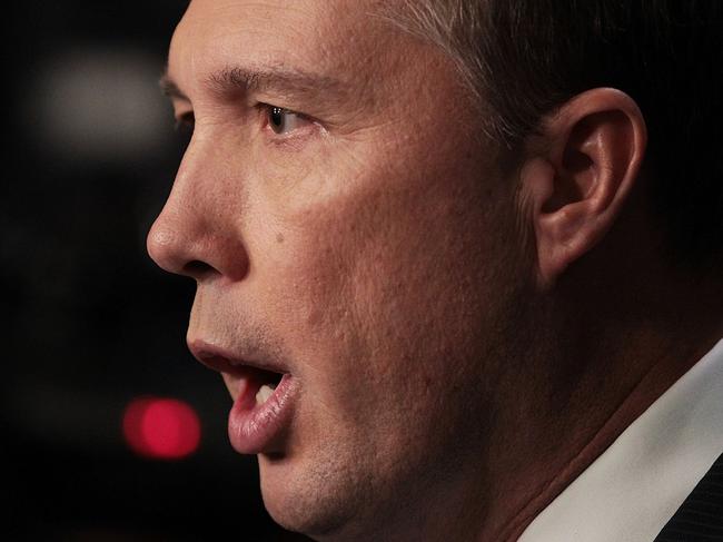 CANBERRA, AUSTRALIA - MAY 03: Immigration Minister Peter Dutton speaks to the media at Parliament House on May 3, 2016 in Canberra, Australia. Hodan Yasin, a 21-year-old Somali refugee has arrived for treatment in Brisbane after setting herself on fire while being detained in Nauru. It is the second attempt on Nauru in a week, after Iranian refugee Omid Masoumali set himself on fire last Wednesday. He later died from his injuries. (Photo by Stefan Postles/Getty Images)