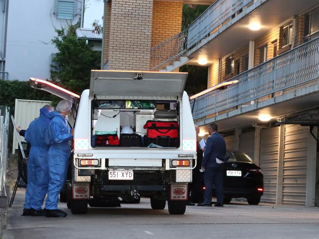 Forensics search the Windsor unit complex where Ms Sleeman’s body was found. Picture: David Clark