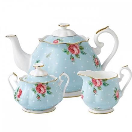 Royal Albert polka blue teapot, cream jug and sugar bowl set