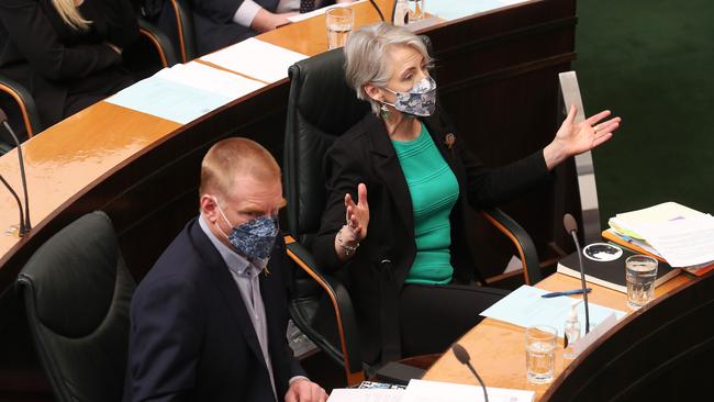 Vica Bayley Greens member for Clark and Greens leader Rosalie Woodruff. Question time in the Tasmanian parliament. Picture: Nikki Davis-Jones