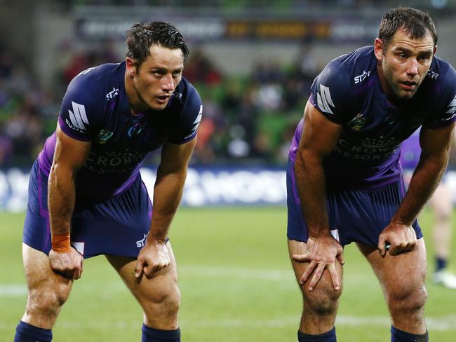 Round 6 - Melbourne Storm v Canterbury Bulldogs, at AAMI Park, Cooper Cronk and Cameron Smith after the loss. 11th April 2016. Picture: Colleen Petch.