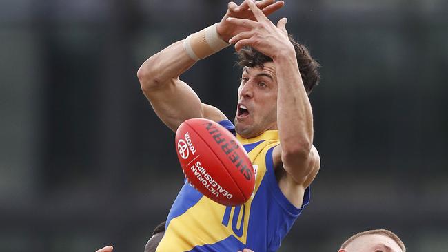 Leigh Masters springs for a mark for Williamstown in the 2019 grand final against Richmond.