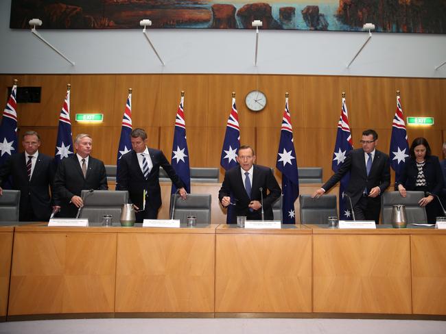 COAG. The Prime Minister Tony Abbott during a joint COAG press conference with State Premiers and Territoy Chief Ministers at Parliament Houyse in Canberra. State Premiers and Territoy Chief Ministers Colin Barnett, Mike Baird, Adam Giles, Dan Andrews, Will Hodgman, Annastacia Palaszczuk, Jay Weatherill and Andrew Barr with PM Tony Abbott. Pic by Gary Ramage