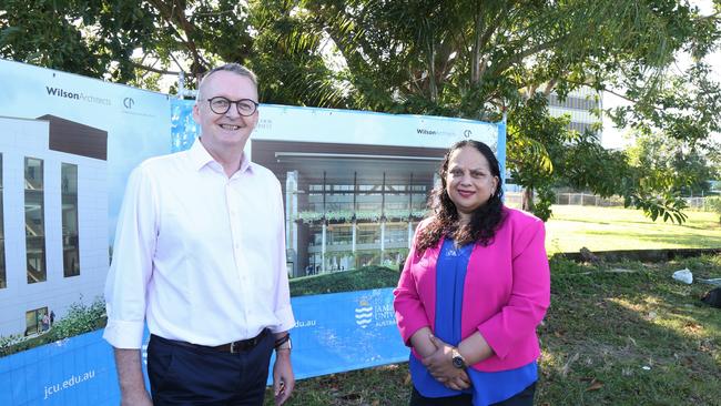 James Cook University vice chancellor professor Simon Biggs with Cairns and Hinterland Hospital and Health Service chief executive Leena Singh in front of new artist impressions for the new Cairns Tropical Enterprise Centre. Picture: Peter Carruthers