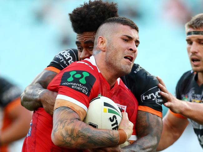 Dragons forward Joel Thompson hits the ball up during the win over the Wests Tigerson the weekend. Picture: Gregg Porteous