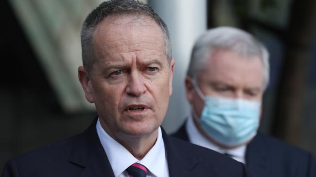 Gordon Legal's Peter Gordon (R), Senior Partner and Labor's Bill Shorten (L) speak at a press conference after the judgment of the Robodebt Class Action. Picture: NCA NewsWire / David Crosling