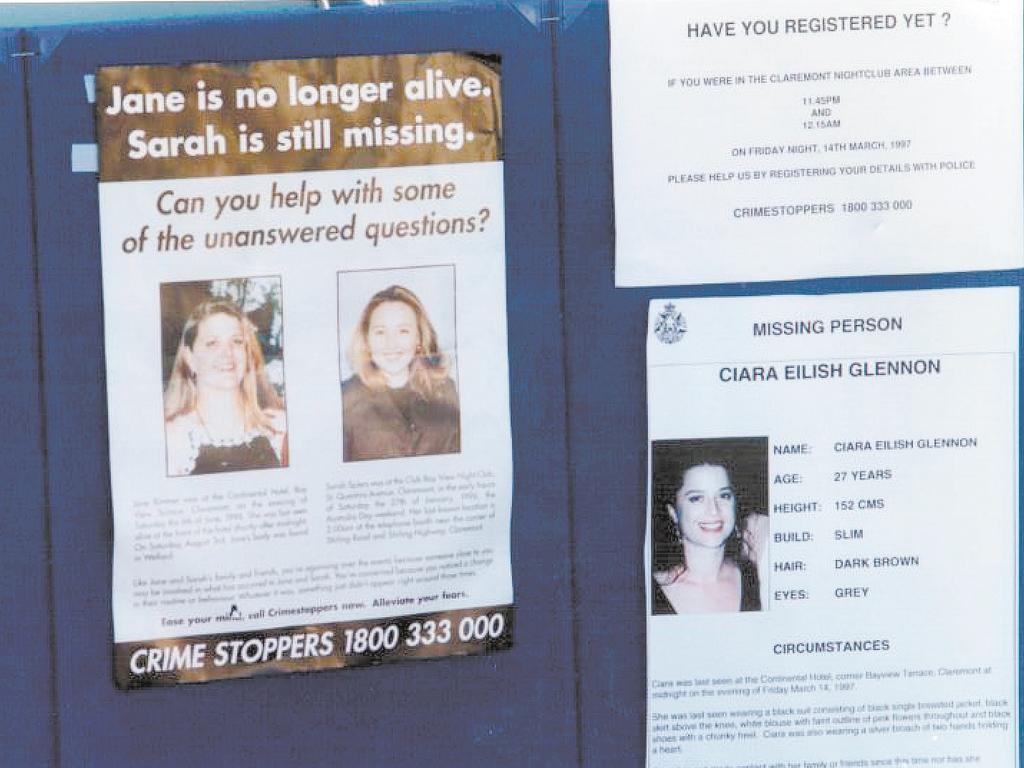 Missing person posters of victims Jane Rimmer (left), Sarah Spiers, and Ciara Glennon on a police noticeboard. Picture: Michelle Stanley/Post Newspapers