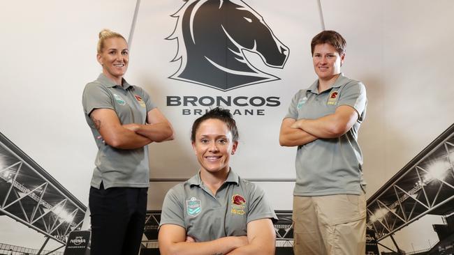 Broncos rugby league players Ali Brigginshaw, Brittany Breayley and Heather Ballinger. Photo: Liam Kidston.