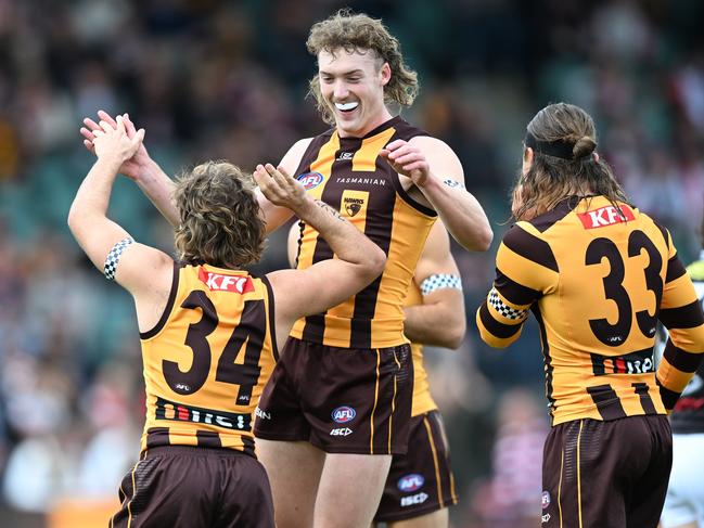 Josh Weddle and Nick Watson of the Hawks celebrate a goal in Launceston. Weddle has been one of the best steals of the 2022 draft, writes Mark Robinson. Picture: Steve Bell/Getty Images.