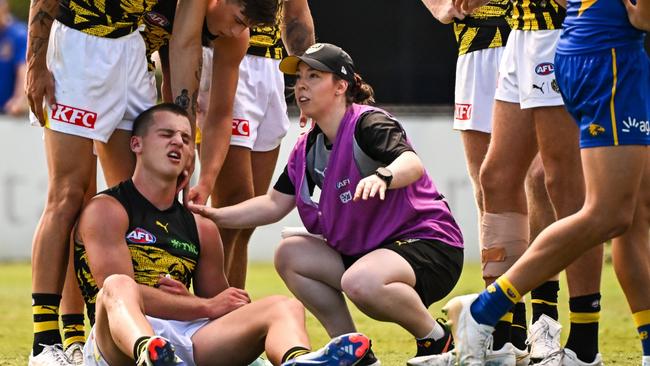 Sam Lalor feels the pain of the collision. Picture: Daniel Carson/AFL Photos via Getty Images)