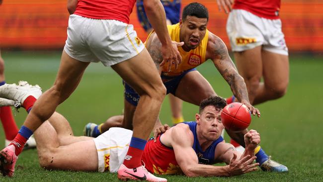 Lachie Neale wins another possession. Picture: Paul Kane/Getty Images