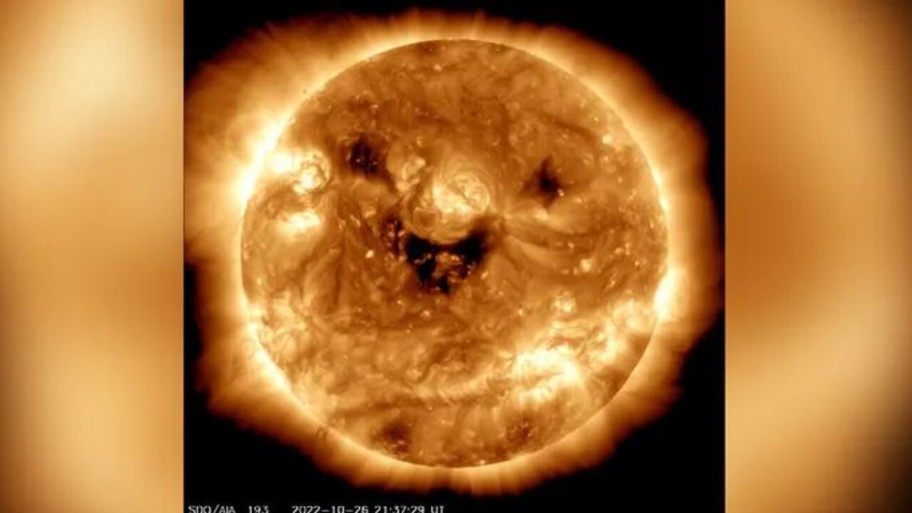 NASA's Solar Dynamics Observatory previously caught an image of the sun in ultraviolet light with three dark spots on its surface on October 26, giving the illusion the sun was smiling. Picture: @NASASun/Twitter