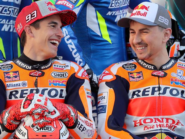 Repsol Honda MotoGP riders Marc Marquez (left) and Jorge Lorenzo. Pic: AFP