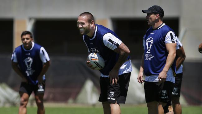 Jared Waerea-Hargreaves laughs during a training session at University of Denver. Picture: Getty