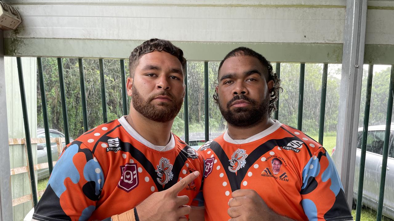 Daron Saltner and Elwyn Fewquandie at the 2024 Sunshine Coast Bunyas Rugby League Carnival. Picture: Iwan Jones