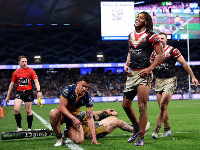 SYDNEY, AUSTRALIA - AUGUST 16: Dominic Young of the Roosters celebrates scoring a try during the round 24 NRL match between Sydney Roosters and Parramatta Eels at Allianz Stadium, on August 16, 2024, in Sydney, Australia. (Photo by Brendon Thorne/Getty Images)