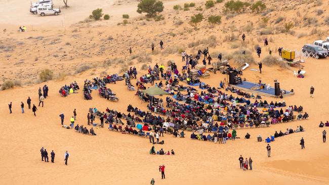 The stage was set in 2013 for country musician John Williamson to perform at the inaugural Big Red Bash for a small crowd atop the Big Red sand dune in far western Queensland. Picture: Jason Malouin