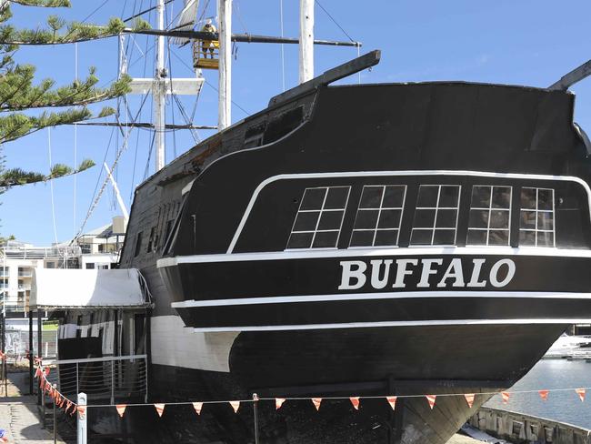 The Buffalo ship at Glenelg is being demolished this week. Workers dismantling the masts. 27 March 2019. Picture Dean Martin