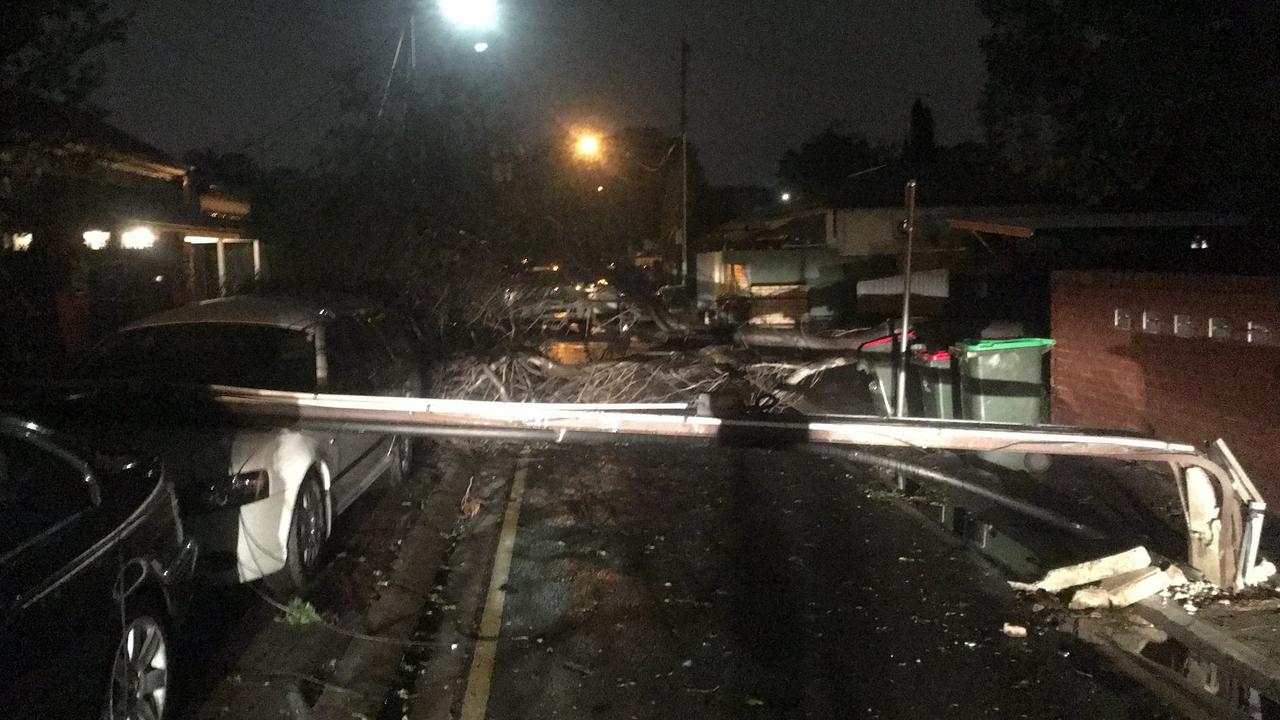 A power line down on a car at Argyle St, Prospect during the storm last night. Picture: SA Power Network