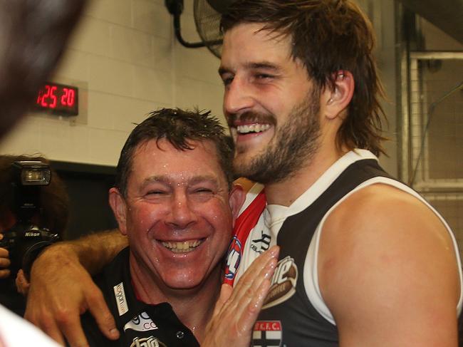 Ratten hugs Josh Bruce after the round 18 win over the Bulldogs. Pic: Michael Klein