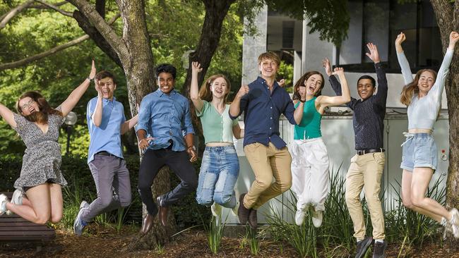 Students celebrating in Brisbane after receiving perfect ATAR scores last month. Picture: Josh Woning