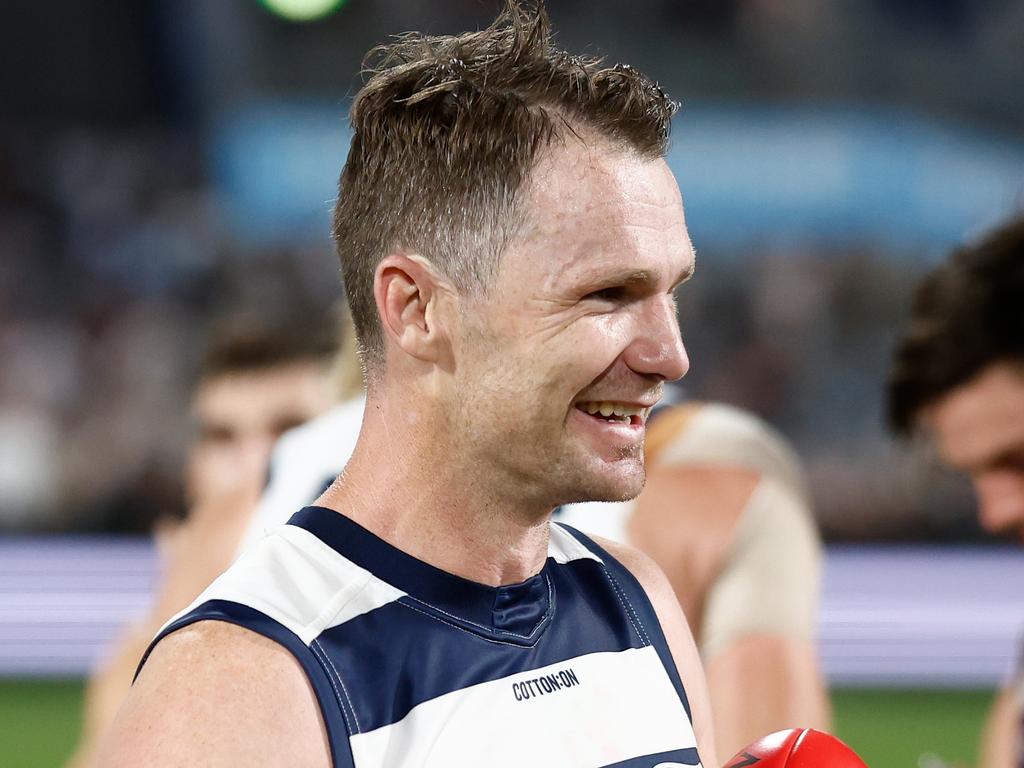 GEELONG, AUSTRALIA - MARCH 16: Patrick Dangerfield of the Cats celebrates during the 2024 AFL Round 01 match between the Geelong Cats and the St Kilda Saints at GMHBA Stadium on March 16, 2024 in Geelong, Australia. (Photo by Michael Willson/AFL Photos via Getty Images)