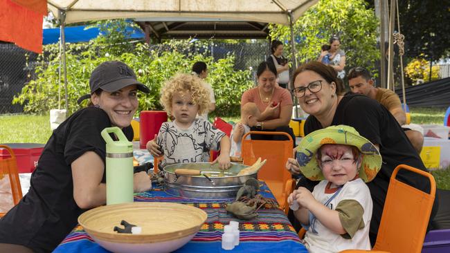 Owen Pryse, Suzy Pryse, Alfie Abbott and Kelly-Louise Abbott as families enjoy a day of fun and activities at a special Harmony Day celebration at the Malak Community Centre as part of the Fun Bus program. Picture: Pema Tamang Pakhrin