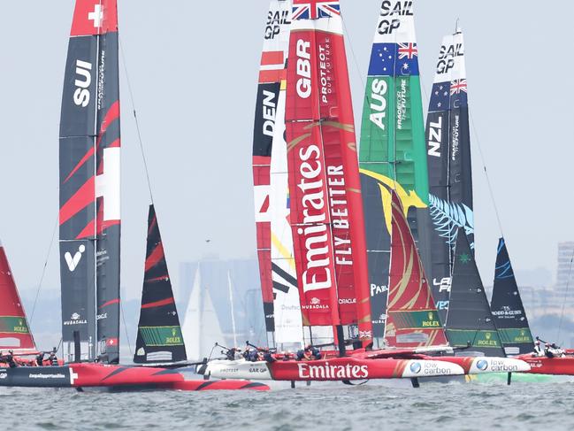 NEW YORK, NEW YORK - JUNE 23: A general view of a race during day two of competition of SailGP New York on June 23, 2024 in New York City. (Photo by Luke Hales/Getty Images)