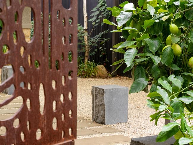 Laser-cut metal, bluestone sett, citrus tree. Picture: Grant Hancock