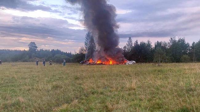 Burning plane wreckage near the village of Kuzhenkino, Tver region. Picture: Telegram/AFP.