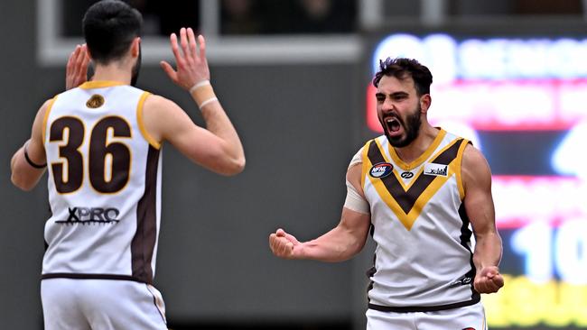 NFL: Ben Nesci and Jordan Cugnetto celebrate a Thomastown goal. Picture: Andy Brownbill