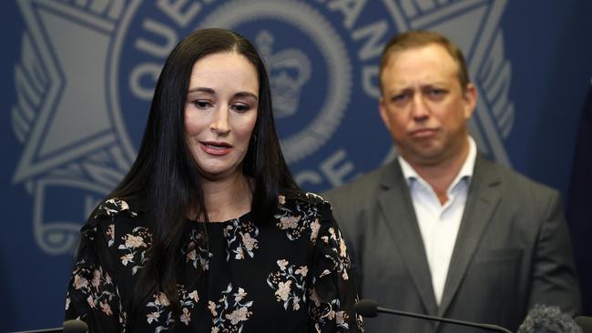 Claudine Snow with Queensland Premier Steven Miles at the announcement of new law changes for those who try to avoid police or leave the scene of an accident. Picture: David Clark