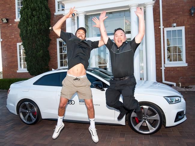 Coogee Bay Hotel Charity Golf Day hole-in-one winner Michael Lokic and Chris Cheung, managing director of C!NC Hotels with the hole-in-one prize, a new Audi S5 coupe.