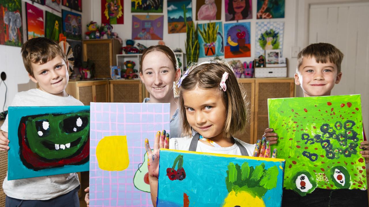 Showing their work are (from left) Traeger Avery, Abby Wilson, Skye Middleton-Kailola and Alfie Benventi after holiday kids workshops at Tinker. Picture: Kevin Farmer