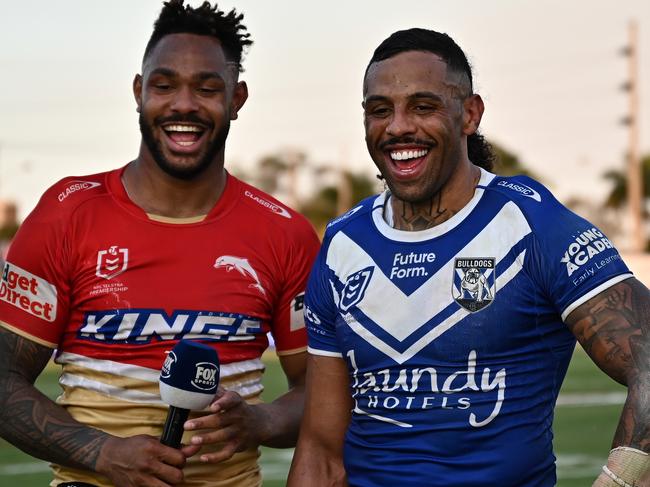 BUNDABERG, AUSTRALIA - AUGUST 17:  Hamiso Tabuai-Fidow of the Dolphins and Josh Addo-Carr of the Bulldogs in a post match interview after the round 24 NRL match between Canterbury Bulldogs and Dolphins at Salter Oval, on August 17, 2024, in Bundaberg, Australia. (Photo by Emily Barker/Getty Images)