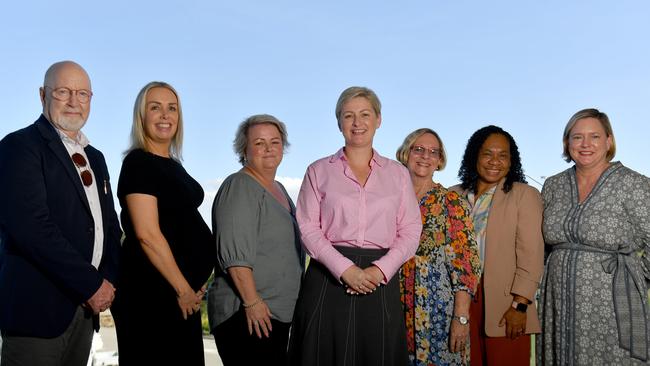 Minister for the Prevention of Domestic and Family Violence Amanda Camm (centre) with members of the newly appointed indepentant Domestic and Family Violence Advisory Panel Dr Brian Sullivan, Kelli Martin, Elise Feltham, Associate Professor Heather Lovett, Wynetta Dewis and Belinda Drew in Townsville. Picture: Evan Morgan