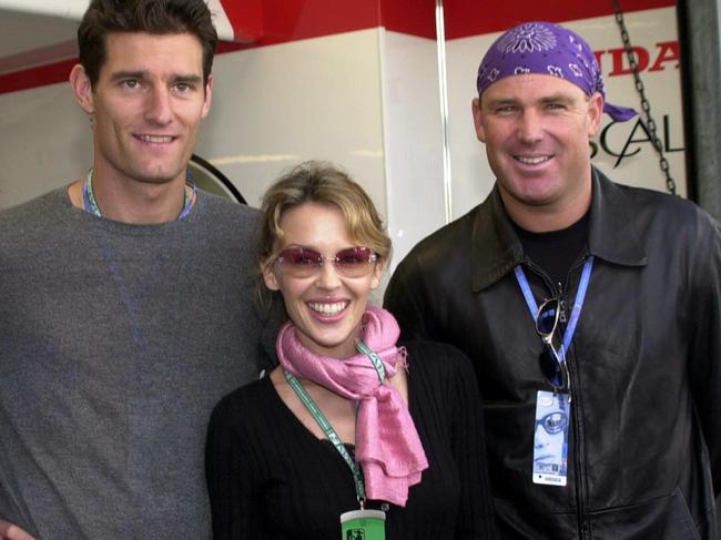 Cricketer Shane Warne with Aust singer/actor Kylie Minogue and F1 ace Mark Webber.