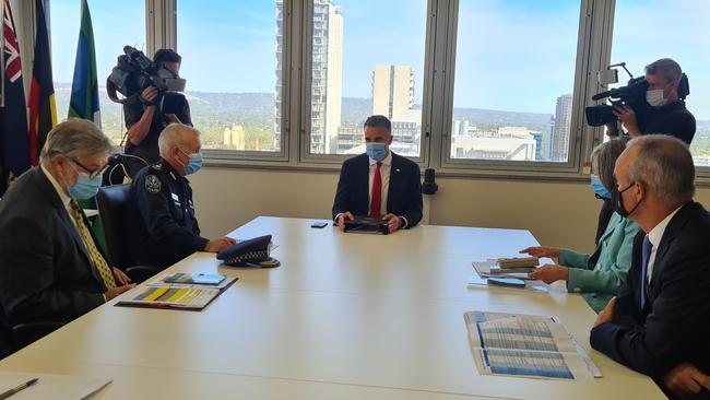 Premier Peter Malinauskas, centre, chairs a Covid-19 briefing at the State Administration centre with SA Health chief executive officer Chris McGowan, Police Commissioner Grant Stevens, chief public health officer Nicola Spurrier and Department of Premier and Cabinet chief executive Nick, Reade